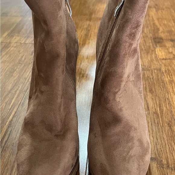 New Boots Platform Caramel Tan Sueded Lug Sole Stacked High Heel 7.5 High Ankle - Picture 8 of 12